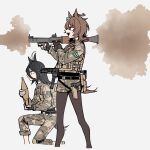  2girls agnes_tachyon_(umamusume) ahoge alternate_costume animal_ears black_gloves black_hair brown_eyes brown_hair brown_legwear bulletproof_vest earrings english_commentary fatigues firing glock gloves gun hair_between_eyes handgun highres holding holstered_weapon horse_ears horse_girl horse_tail jewelry knee_pads long_bangs long_legs looking_to_the_side manhattan_cafe_(umamusume) military military_uniform multicolored_hair multiple_girls pants pants_rolled_up pantyhose pistol pouch rocket_launcher rpg rpg-7 short_shorts shorts sig_sauer_mpx single_earring smoke submachine_gun tactical_clothes tail two-tone_hair umamusume uniform waffle_drink weapon weapon_request white_hair yellow_eyes 