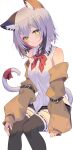  1girl absurdres animal_ear_fluff animal_ears bare_shoulders belt black_belt black_legwear brown_sleeves cat_ears cat_girl cat_tail closed_mouth commentary_request detached_sleeves highres jun_(aousa0328) light_smile looking_at_viewer original red_neckwear red_ribbon ribbon shirt short_hair silver_hair simple_background sleeveless sleeveless_shirt solo tail tail_ornament tail_ribbon thigh-highs white_background white_shirt yellow_eyes 