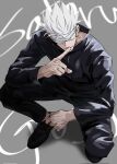  1boy bandages bandages_over_eyes black_footwear black_jacket black_pants character_name covered_eyes facing_viewer finger_to_mouth full_body gojou_satoru grey_background hand_up highres jacket jujutsu_kaisen long_sleeves male_focus pants shoes short_hair shushing solo som_0u0 squatting white_hair 