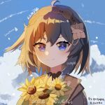  1girl bangs blue_eyes blue_sky brown_coat brown_hair closed_mouth clouds cloudy_sky coat flower hair_between_eyes headband highres holding holding_flower honkai_(series) honkai_impact_3rd huiyuanaideknight looking_at_viewer outdoors sample seele_vollerei seele_vollerei_(swallowtail_phantasm) short_hair sky smile solo sunflower 