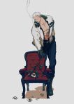  1boy absurdres armchair chair cigarette flower fur-trimmed_jacket fur_collar fur_trim gloves hair_slicked_back hand_in_pocket highres jacket one_piece smoker_(one_piece) smoking solo user_rjev8385 white_hair 