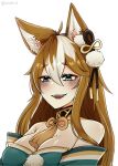  1girl :d anafuu animal_ears bangs bare_shoulders blush brown_hair close-up collarbone commentary detached_sleeves dog_ears english_commentary eyebrows_visible_through_hair genderswap genderswap_(mtf) genshin_impact gorou_(genshin_impact) green_eyes hair_between_eyes hair_ornament highres japanese_clothes long_hair looking_at_viewer multicolored_hair sidelocks simple_background smile solo streaked_hair thick_eyebrows twitter_username white_background 