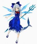  1girl alternate_costume bangs blue_bow blue_dress blue_hair blue_nails blush bow cirno cirno_(cosplay) collared_shirt commentary_request cosplay dress fish_tail full_body gawr_gura gotoh510 grin hair_bow highres holding holding_polearm holding_weapon hololive hololive_english looking_at_viewer mary_janes multicolored_hair nail_polish pinafore_dress polearm puffy_short_sleeves puffy_sleeves red_neckwear shark_tail shirt shoes short_hair short_sleeves signature simple_background smile socks solo tail touhou trident two-tone_hair weapon white_background white_hair white_legwear wing_collar 