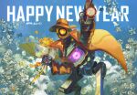  1boy absurdres apex_legends bouquet brown_headwear brown_jacket fedora flower gun happy_new_year hat heart highres holding holding_bouquet holding_gun holding_weapon humanoid_robot jacket korean_commentary memoir_noir_pathfinder new_year no_humans orange_eyes pathfinder_(apex_legends) robot rose science_fiction small_dduck solo twitter_username weapon white_flower white_rose yellow_flower yellow_rose 
