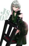  1girl absurdres black_choker black_gloves black_legwear character_name choker closed_mouth coat eyebrows_visible_through_hair feet_out_of_frame fingerless_gloves girls_frontline gloves green_eyes grey_hair highres js05_(girls&#039;_frontline) looking_at_viewer medium_hair ohc. smile solo thigh-highs white_background 