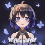  1girl :d bangs bare_shoulders blue_butterfly blue_eyes blue_hair bug butterfly chain dress hair_between_eyes hair_ornament highres honkai_(series) honkai_impact_3rd huiyuanaideknight looking_at_viewer open_mouth seele_vollerei seele_vollerei_(stygian_nymph) short_hair smile solo white_dress 