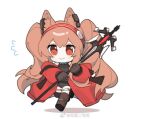  1girl :&gt; angelina_(arknights) angelina_(distinguished_visitor)_(arknights) animal_ear_fluff animal_ears arknights baiwei_er_hao_ji black_bodysuit black_gloves black_legwear bodysuit brown_hair chibi chinese_commentary commentary_request earpiece flying_sweatdrops fox_ears gloves hairband holding holding_staff jacket light_blush long_hair off_shoulder official_alternate_costume open_clothes open_jacket red_eyes red_hairband red_jacket running simple_background solo staff striped striped_hairband thigh-highs thigh_strap twintails very_long_hair white_background 