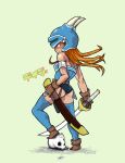  1girl armlet ass belt black_panties blue_armor brown_eyes brown_gloves brown_hair closed_mouth daisy_(dq) dragon_quest dragon_quest_yuusha_abel_densetsu eyebros fake_horns gloves helmet horned_helmet horns long_hair panties simple_background skull solo sword thigh-highs underwear weapon 