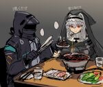  ... 1girl 1other arknights bangs black_gloves chopsticks cup doctor_(arknights) drinking_glass eating eyebrows_visible_through_hair gloves grey_hair hood long_hair mask melon22 nun plate red_eyes sketch specter_(arknights) spoken_ellipsis tongs translated yakiniku 