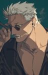  1boy absurdres black_shirt cigarette facial_hair fang highres looking_to_the_side male_focus one_piece red_eyes scar scar_on_face shading shirt short_hair smoke smoker_(one_piece) smoking solo sunglasses user_rjev8385 white_hair 