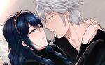  1boy 1girl ameno_(a_meno0) blue_hair brown_eyes fire_emblem fire_emblem_awakening grey_hair hair_between_eyes hug long_hair long_sleeves looking_at_another lucina_(fire_emblem) pillow robin_(fire_emblem) robin_(fire_emblem)_(male) short_hair sweater symbol-shaped_pupils tiara 