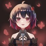  1girl :d bangs bare_shoulders black_dress bug butterfly chain dress hair_between_eyes hair_ornament highres honkai_(series) honkai_impact_3rd huiyuanaideknight looking_at_viewer open_mouth red_butterfly red_eyes redhead seele_(alter_ego) seele_vollerei seele_vollerei_(stygian_nymph) short_hair smile solo 
