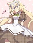  1girl alternate_costume animal_ear_fluff animal_ears apron blonde_hair blue_eyes blush breasts cat_ears cat_tail cattail closed_mouth collared_dress commentary dress eyebrows_visible_through_hair fate/grand_order fate_(series) green_neckwear hair_between_eyes headpiece highres jeanne_d&#039;arc_(fate) jeanne_d&#039;arc_(fate/apocrypha) kabutomushi_s kemonomimi_mode long_hair looking_at_viewer medium_breasts plaid plaid_dress plant puffy_short_sleeves puffy_sleeves short_sleeves smile solo tail very_long_hair waist_apron waitress white_apron 