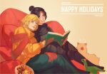  2girls apex_legends bangs black_pants black_scarf blonde_hair blue_pants book cat cookie food gingerbread_man grey_sweater hair_bun happy_holidays hat highres holding holding_book holding_hands korean_commentary looking_down looking_to_the_side looking_up multiple_girls nessie_(respawn) nikola_(apex_legends) orange_sweater pants parted_lips santa_hat scar scar_on_cheek scar_on_face scarf short_hair small_dduck smile stuffed_toy sweater twitter_username wattson_(apex_legends) whiskers wraith_(apex_legends) yawning yuri 