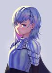  1girl armor blue_eyes breasts copyright_request grey_background hair_ornament looking_at_viewer medium_hair nzz plate_armor silver_hair simple_background small_breasts solo upper_body x_hair_ornament 