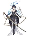  1girl alice_(sinoalice) black_dress boots breasts chain choker crossed_legs dark_blue_hair dress elbow_gloves eyebrows_visible_through_hair floating floating_object floating_sword floating_weapon full_body gloves hairband holding holding_sword holding_weapon ji_no looking_at_viewer medium_breasts official_art red_eyes short_hair single_elbow_glove sinoalice solo sword tattoo thigh-highs thigh_boots transparent_background watson_cross weapon 