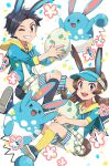  1boy 1girl :d alternate_costume animal_ears azumarill belt black_hair blue_headwear brown_eyes commentary_request egg ethan_(pokemon) eyelashes grin highres holding holding_egg kneehighs long_hair lyra_(pokemon) one_eye_closed open_mouth pokemon pokemon_(creature) pokemon_(game) pokemon_egg pokemon_hgss sailor_collar shoes short_hair shorts smile sneakers striped striped_legwear suspenders teeth tongue twintails upper_teeth vertical-striped_legwear vertical_stripes visor_cap xichii 