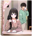  1boy 1girl alternate_costume artist_logo bangs black_hair blush book border brown_hair brown_sweater chitanda_eru collarbone cup door eyebrows_visible_through_hair glasses green_eyes hand_in_pocket hand_up highres holding holding_cup hyouka indoors long_hair long_sleeves looking_outside mery_(yangmalgage) oreki_houtarou shiny shiny_hair short_hair sleeves_past_wrists smile sweater teacup violet_eyes white_border 