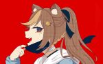animal_ear_fluff animal_ears bandaid bandaid_on_neck blue_jacket english_commentary fangs from_side hazumi_aileen hazumi_aileen_(artist) highres indie_virtual_youtuber jacket jewelry lion_ears lion_girl lion_hair_ornament looking_back ponytail red_background ring smile vampire_(vocaloid) virtual_youtuber