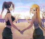  2girls :d bare_shoulders black_choker black_pants black_skirt blonde_hair blue_sky bracelet breasts brown_eyes brown_hair choker clouds day fujimoto_rina hair_ornament hairclip heart heart_hands heart_hands_duo highres holding_hands idolmaster idolmaster_cinderella_girls jewelry large_breasts long_hair looking_at_viewer looking_back midriff mukai_takumi multiple_girls one_eye_closed outdoors pants ponytail rainbow shangzi shirt skirt sky smile violet_eyes white_shirt 