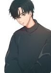  1boy black_hair black_sweater brown_eyes harua_sorausagi highres lee_suho long_sleeves looking_at_viewer male_focus short_hair simple_background solo sweater sweatshirt true_beauty white_background 