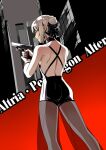  1girl artoria_pendragon_(alter_swimsuit_rider)_(fate) artoria_pendragon_(fate) bow bracelet building character_name city earrings eilinna fate/grand_order fate_(series) from_behind gun hair_bow hair_bun handgun highres holding holding_gun holding_weapon jewelry looking_back pistol platinum_blonde_hair see-through_pants shoulder_blades skyscraper solo trigger_discipline weapon yellow_eyes 