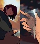  1other animated broken_glass brown_hair deltarune english_commentary frown glass glass_shard holding kris_(deltarune) red_eyes reflection solo time_stables 