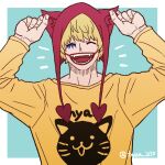  1boy alternate_costume animal_ear_headwear animal_ears animal_print blonde_hair cat_ears cat_print commentary_request donquixote_rocinante fangs hood kemonomimi_mode makeup male_focus one_piece orange_shirt shirt short_hair solo toyoura_(23066494) 