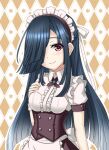  1girl apron black_hair blush closed_mouth commentary_request corset eyebrows_visible_through_hair hair_over_one_eye hand_on_own_chest hayashimo_(kancolle) kantai_collection karuna_(madlax) long_hair looking_at_viewer maid maid_headdress smile solo upper_body violet_eyes waist_apron white_apron white_headdress 