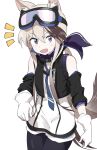  1girl absurdres animal_ears arknights bangs bare_shoulders blush brown_hair cardigan_(arknights) dog_ears dog_girl dog_tail drawdrawdeimos dress goggles goggles_on_head highres necktie open_mouth pantyhose solo tail violet_eyes 