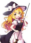  :d absurdres apron black_dress blonde_hair bow braid broom buttons cowboy_shot dress eyebrows_visible_through_hair frilled_dress frills hair_bow hat hat_bow highres holding holding_broom kirisame_marisa long_hair looking_at_viewer offbeat pinafore_dress puffy_short_sleeves puffy_sleeves short_sleeves simple_background smile touhou waist_apron white_background white_bow witch_hat yellow_eyes 