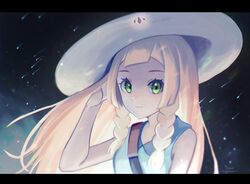  1girl absurdres amazuya_azuma bangs blonde_hair blunt_bangs braid collared_dress dress eyelashes green_eyes hand_up hat highres lillie_(pokemon) long_hair looking_at_viewer night outdoors parted_lips pokemon pokemon_(game) pokemon_sm shooting_star sky sleeveless sleeveless_dress smile solo sun_hat twin_braids upper_body white_headwear 