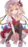  1girl :o arm_up ascot back_bow bangs black_legwear blonde_hair bow collared_shirt commentary_request crystal drill_hair fingernails flandre_scarlet footwear_bow full_body hand_on_ground hat hat_ribbon highres long_fingernails looking_at_viewer mob_cap multicolored multicolored_wings nail_polish open_mouth panties puffy_short_sleeves puffy_sleeves red_bow red_eyes red_nails red_ribbon red_skirt red_vest ribbon shirt short_hair short_sleeves side_ponytail sidelocks simple_background sitting skirt slit_pupils solo teeth thigh-highs touhou tsukeo underwear upper_teeth vest white_background white_bow white_footwear white_headwear white_panties wing_collar wings yellow_neckwear 