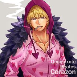  1boy absurdres blonde_hair cigarette collared_shirt commentary_request donquixote_rocinante heart heart_print highres hood male_focus one_piece pink_shirt shirt short_hair solo toyoura_(23066494) 