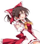  1girl :d ascot bangs blush bow breasts brown_eyes collared_shirt commentary_request eyebrows_visible_through_hair frilled_neckwear frilled_shirt_collar frilled_skirt frills hair_bow hair_tubes hakurei_reimu ichimura_kanata long_hair long_sleeves looking_at_viewer medium_breasts nontraditional_miko open_mouth ponytail red_bow red_skirt red_vest ribbon-trimmed_sleeves ribbon_trim shiny shiny_hair shirt sidelocks simple_background skirt smile solo touhou vest white_background wide_sleeves wing_collar yellow_neckwear 