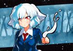  1girl :o bangs blue_background blue_jacket breasts collared_shirt crescent crescent_pin eyebrows_visible_through_hair jacket light_blue_hair long_sleeves looking_at_viewer multicolored multicolored_eyes necktie open_mouth pointing qqqrinkappp red_eyes red_neckwear reisen_(touhou_bougetsushou) shirt short_hair small_breasts solo swept_bangs touhou traditional_media upper_body white_shirt 