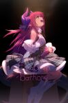  1girl asymmetrical_horns bangs bare_shoulders black_dress blue_eyes blush breasts character_name curled_horns dragon_girl dragon_horns dragon_tail dress echo_(circa) elizabeth_bathory_(fate) fate/extra fate_(series) hair_ribbon horns layered_skirt long_hair looking_up open_mouth pink_hair plaid plaid_skirt pointy_ears ribbon skirt small_breasts solo tail thighs two_side_up white_skirt 
