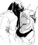  2girls animal_ears arknights bare_shoulders carrying cat_ears cat_girl closed_mouth demon_girl demon_horns elite_ii_(arknights) folinic_(arknights) hair_ornament hairclip hands_on_another&#039;s_hips horns long_hair looking_up monochrome mudrock_(arknights) multiple_girls off_shoulder pointy_ears since2019 tank_top 