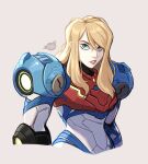  1girl alaynakgray arm_cannon armor bangs blonde_hair blue_eyes gun hair_down highres long_hair looking_at_viewer metroid metroid_dread mole mole_under_mouth power_armor power_suit samus_aran science_fiction sidelocks simple_background solo upper_body weapon 