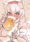  1girl @_@ alcohol animal_ears beer beer_mug blush breasts chopsticks cup detached_sleeves drinking drunk food hat highres holding holding_food inubashiri_momiji large_breasts mug red_eyes short_hair solo tail tokin_hat touhou upper_body white_hair wolf_ears wolf_tail yoyoiro_(sysi20) 