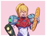  1girl arm_cannon armor bangs blonde_hair bread closed_eyes food lauceryse long_hair looking_at_viewer metroid metroid_dread mole mole_under_mouth open_mouth ponytail power_armor power_suit samus_aran science_fiction simple_background smile solo upper_body weapon 