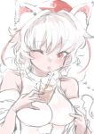  1girl animal_ears between_breasts breasts cup drinking drinking_glass drinking_straw drinking_straw_in_mouth hat highres inubashiri_momiji one_eye_closed red_eyes short_hair sketch solo tokin_hat touhou upper_body white_hair wolf_ears yoyoiro_(sysi20) 