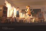  1boy 1girl absurdres black_footwear black_shorts blue_sweater_vest bookshelf brown_hair chalkboard classroom clock colin_reeds copyright_name easel eraser faye_(finding_paradise) finding_paradise highres indoors lamp medal painting_(object) parion pencil shorts skirt socks standing stool sweater_vest white_socks yellow_skirt 