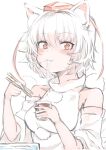  1girl animal_ears blush chopsticks cup eating food glass hat highres holding holding_cup inubashiri_momiji looking_at_viewer noodles red_eyes short_hair solo tokin_hat touhou white_hair wolf_ears yoyoiro_(sysi20) 