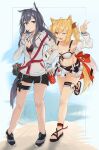  2girls animal_ears arknights bangs bare_shoulders black_hair blonde_hair clov3r food food_in_mouth highres holding holding_food jacket locked_arms multiple_girls official_alternate_costume pocky red_eyes sandals shorts soda sora_(arknights) sora_(summer_flowers)_(arknights) tail texas_(arknights) wolf_ears wolf_girl wolf_tail yellow_eyes yuri 