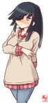  1girl alternate_costume artist_logo black_hair blue_pants brown_eyes brown_sweater collared_shirt commentary_request cowboy_shot dated denim hair_ornament hair_over_one_eye hairclip hayashimo_(kancolle) hime_cut jeans jewelry kanon_(kurogane_knights) kantai_collection long_hair necklace one-hour_drawing_challenge pants plaid plaid_shirt red_shirt shirt simple_background solo sweater very_long_hair white_background 