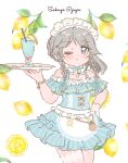  1girl apron aqua_bow aqua_dress aqua_neckwear bangs blue_bow blue_dress blue_eyes blue_neckwear blush bow bowtie bracelet braid character_name choker commentary_request cowboy_shot cup dot_nose dress dress_bow drink drinking_glass drinking_straw eyebrows_visible_through_hair food frilled_apron frilled_choker frilled_dress frills fruit fruit_background gloves grey_eyes grey_hair hair_bow hand_up holding holding_tray izayoi_sakuya jewelry lace-trimmed_apron lace-trimmed_dress lace_trim leaf leg_garter lemon lemon_slice long_hair looking_at_viewer maid_headdress one-hour_drawing_challenge one_eye_closed orange_bow parted_bangs pinstripe_dress pinstripe_pattern ribbon ribbon_choker sakurasaka short_dress short_sleeves single_glove solo striped sundress touhou tray twin_braids white_apron white_gloves 