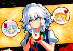  &gt;_&lt; 1girl :d apple bangs blonde_hair blue_hair bow braid closed_mouth eyebrows_visible_through_hair fang flandre_scarlet food fruit green_bow green_eyes grey_hair hair_bow hat holding holding_food holding_fruit holding_knife izayoi_sakuya knife looking_at_viewer maid maid_headdress mob_cap multicolored multicolored_eyes one_side_up open_mouth peeling pink_headwear puffy_short_sleeves puffy_sleeves qqqrinkappp red_apple remilia_scarlet short_hair short_sleeves side_braids skin_fang smile solid_oval_eyes solo thought_bubble touhou traditional_media twin_braids upper_body white_headwear xd yellow_background 
