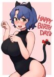  1girl animal_ears antenna_hair bare_shoulders black_hairband black_leotard blush breasts brown_eyes cat_ears cat_girl cat_tail commentary_request covered_navel fake_animal_ears hair_between_eyes hairband hands_up happy_birthday idolmaster idolmaster_million_live! idolmaster_million_live!_theater_days korean_commentary kwaejina large_breasts leotard looking_at_viewer mixed-language_commentary open_mouth paw_pose pink_background red_ribbon ribbon short_hair simple_background solo tail tail_ornament tail_ribbon toyokawa_fuuka two-tone_background wavy_hair white_background 