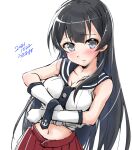  1girl agano_(kancolle) anchor_symbol black_hair black_neckwear black_sailor_collar commentary_request cowboy_shot gloves grey_eyes kantai_collection long_hair looking_at_viewer midriff navel necktie one-hour_drawing_challenge pleated_skirt red_skirt sailor_collar school_uniform serafuku shirt shirt_hold simple_background skirt sleeveless sleeveless_shirt solo usami_(50-point_caliper) white_background white_gloves 